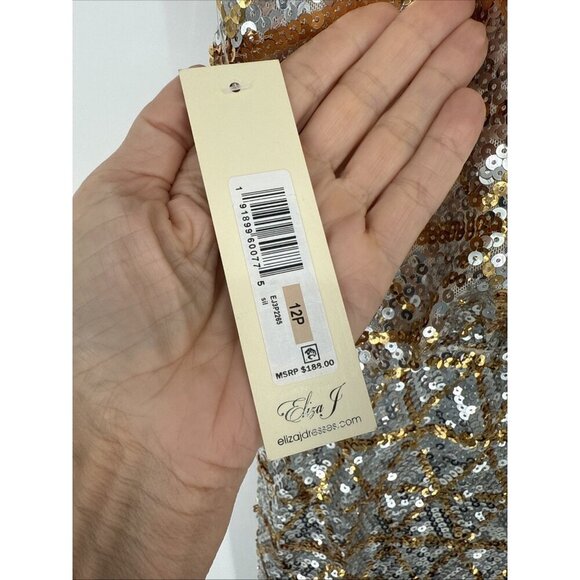 New Eliza J Womens 12 Petite Gold Silver Sequin Blouson Halter Cocktail Dress - Picture 8 of 10
